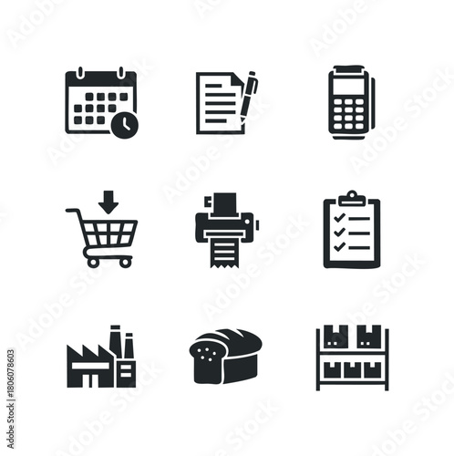 Business and commerce icons representing calendar, document with pen, payment terminal, shopping cart, printer, checklist, factory, bread, and warehouse shelves