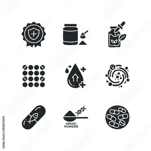 Collection of nine black glyph icons representing health and wellness products including pills, powders, and liquids