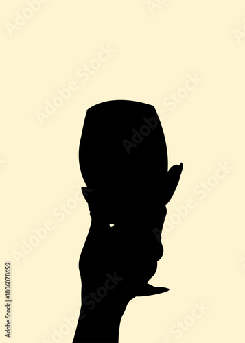 Silhouette of hand holding a wine glass. Icon of cup on fist finger concept. Vector illustration.