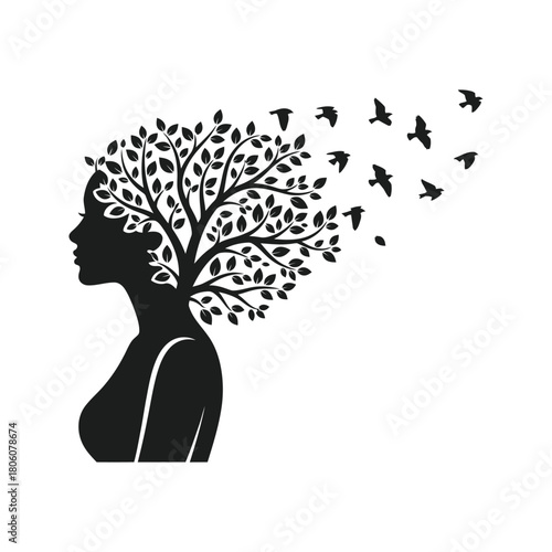 Silhouette of a woman with a tree growing from her head and birds flying away symbolizing freedom and growth