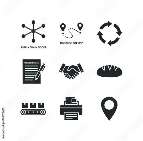 Collection of Logistics and Business Icons Including Supply Chain, Distribution, Order Form, and Location Pin