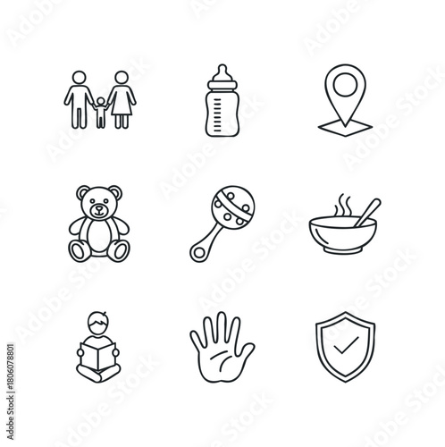Collection of simple line art icons representing family, childcare, and safety for universal design applications