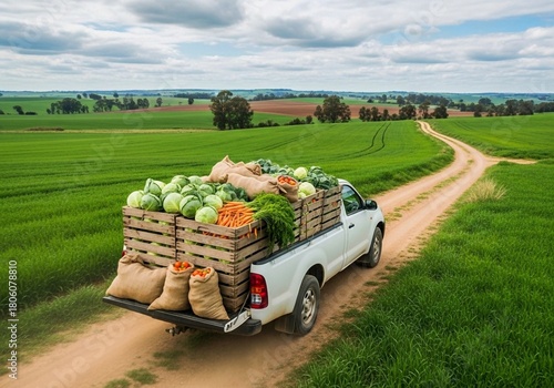 fresh vegetables on the farm, White pickup truck drives on dirt road carrying fresh vegetables in crates and sacks. Truck moves past large green plantation field under overcast sky. Rural farm deliver