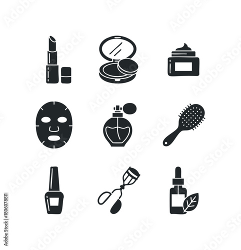 Collection of nine essential beauty and personal care product icons including lipstick, powder compact, cream jar, face mask, perfume bottle, hairbrush, nail polish, eyelash curler, and serum.