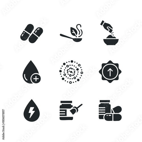 Set of icons representing health, medicine, and wellness with pills, drops, and supplement powder preparation visuals
