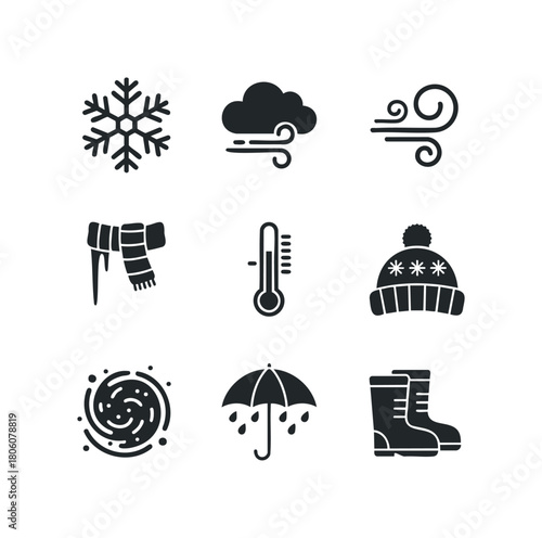 Collection of nine black winter weather and clothing icons including snowflake, stormy cloud, wind, scarf, thermometer, hat, hail, umbrella, and boots