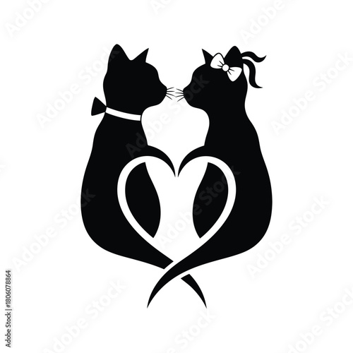 Silhouette of two cats in love forming a heart shape with their tails on a white background