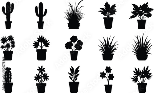 Black plant silhouette collection, potted cactus, leafy houseplants, decorative foliage, indoor greenery, botanical vector set, modern minimalist design illustration
