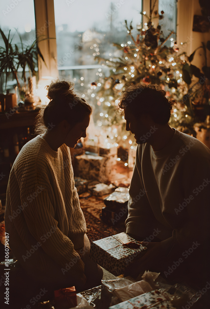 Fototapeta premium Romantic Couple Exchanging Christmas Gifts at Home – Cozy Holiday Lights