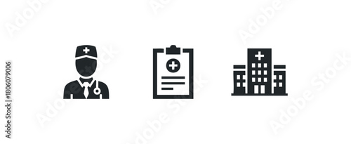 Medical care icons doctor health report hospital building, cut out transparent
