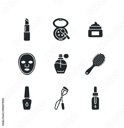 Set of nine cosmetic and personal care items icons including lipstick, compact, cream, face mask, perfume, hairbrush, nail polish, eyelash curler, and serum dropper