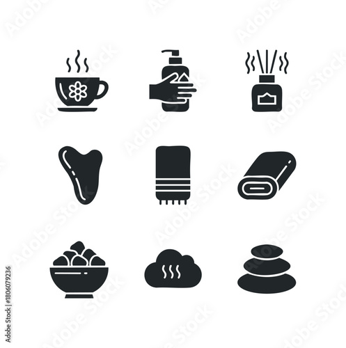 Collection of spa and wellness icons depicting hot drink, lotion dispenser, diffuser, gua sha tool, towel, rolled towel, bowl of stones, steam, and stacked stones