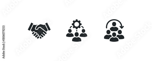 Three graphic icons representing partnership, team collaboration with a gear, and team rotation or management on a white background