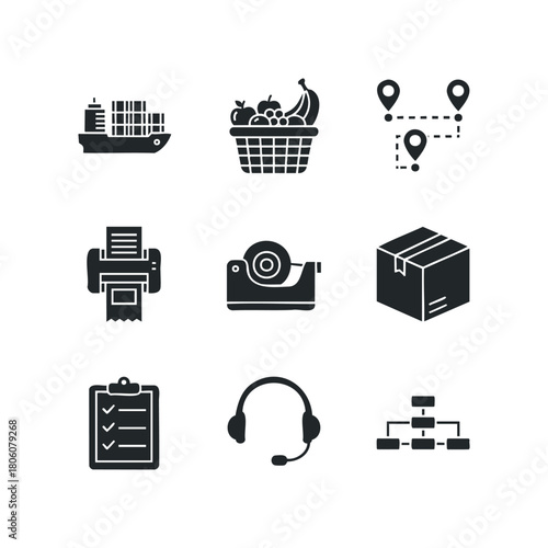 Collection of Icons representing cargo ship, fruit basket, route map, printer, tape dispenser, box, checklist, headset, and organizational chart