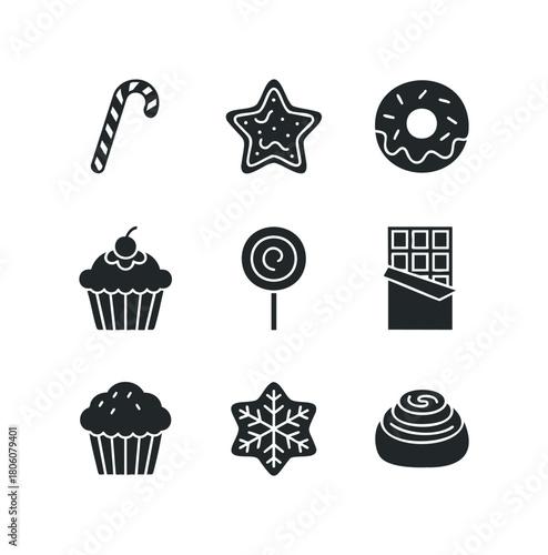 Collection of sweet treat icons including candy cane, star cookie, donut, cupcake, lollipop, chocolate bar, snowflake cookie, and cinnamon roll.