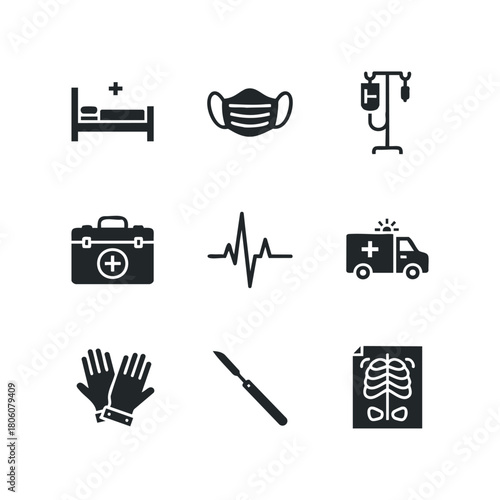 Collection of medical service icons including hospital bed, protective mask, IV drip, first aid kit, heart monitor, ambulance, gloves, scalpel, and x-ray