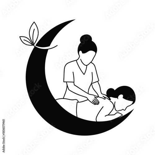 Stylized illustration of a massage therapist giving a back massage to a client on a crescent moon with leaves