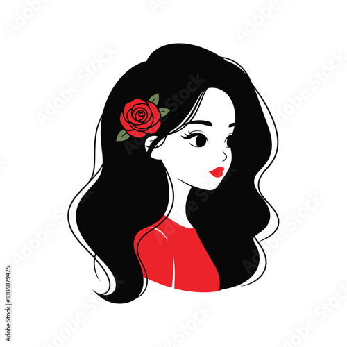 Stylized illustration of a beautiful woman with long black hair and a red rose in her hair