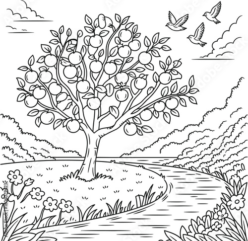 A detailed line drawing of an apple tree with birds and a landscape