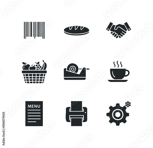 Collection of nine vector silhouette icons representing business and commerce concepts such as barcode, bread, handshake, fruit basket, tape dispenser, hot beverage, menu, printer, and gears.