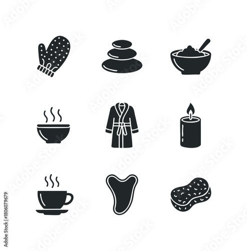 Collection of spa and wellness icons including a robe, candle, steaming bowls, cup of tea, gua sha tool, hot stones, and sponge