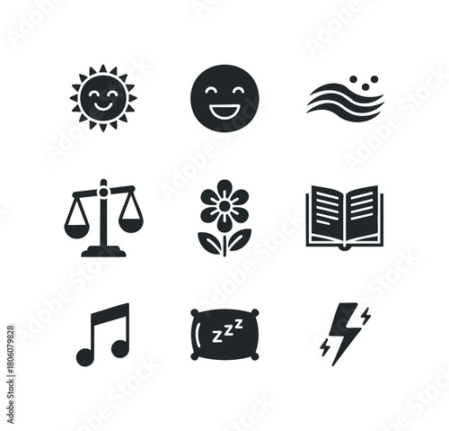 Collection of nine simplified icons representing concepts like joy, justice, nature, learning, music, rest, and energy