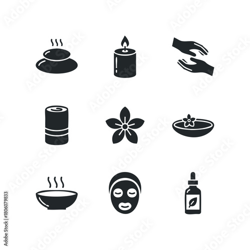 Spa and Wellness Icons Collection with Hot Stones Candle Flower and Face Mask Symbols
