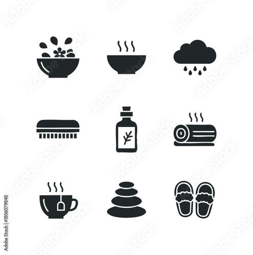Collection of stylized icons representing spa and wellness services including hot stone massage, herbal tea, and relaxation bath elements