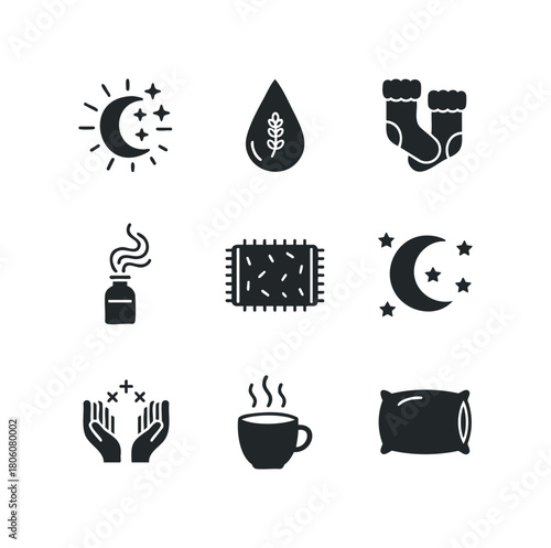 Set of simplistic bedtime icons including moon, stars, socks, pillow, and steaming cup for sleep and relaxation