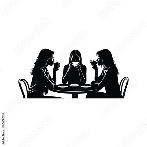 Three women silhouettes enjoying coffee together at a round table in a cafe setting