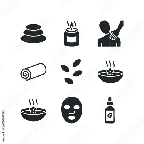 Collection of spa and wellness icons including hot stones, candle, massage, rolled towel, seeds, steaming bowls, face mask, and essential oil