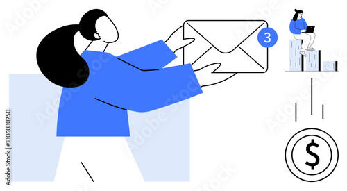 Woman holding a large envelope symbolizing email or communication. Email notification icon emphasized. Person on a bar graph signifies financial review. Ideal for business, teamwork, communication