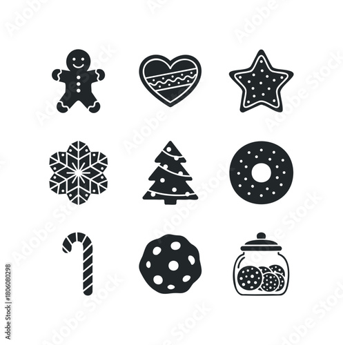 Collection of festive holiday cookie icons including gingerbread man, star, tree, snowflake, candy cane, donut, and jar of cookies