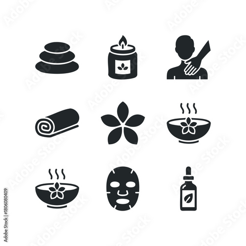Collection of spa treatment icons including hot stones, aromatherapy candle, massage, rolled towel, flower, steaming bowls, face mask, and essential oil bottle