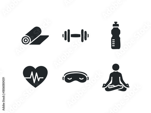 Collection of six icons representing fitness, health, and relaxation activities including a yoga mat, dumbbell, water bottle, heart pulse, sleep mask, and a meditating figure.