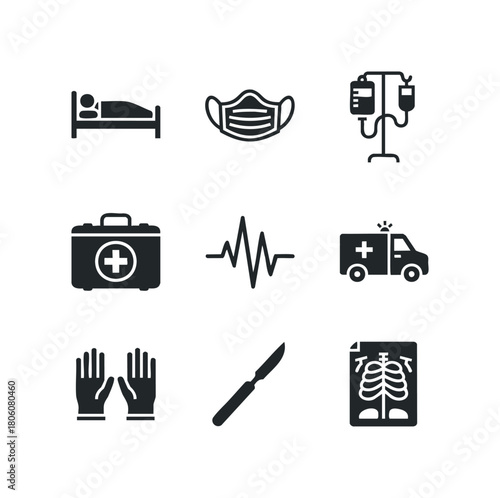 Collection of Medical Icons Including Hospital Bed, Face Mask, IV Drip, First Aid Kit, Heartbeat Monitor, Ambulance, Gloves, Scalpel, and X-Ray