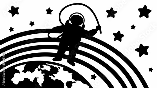 Bold astronaut silhouette conquering space on rainbow bridge above Earth, stars in the sky