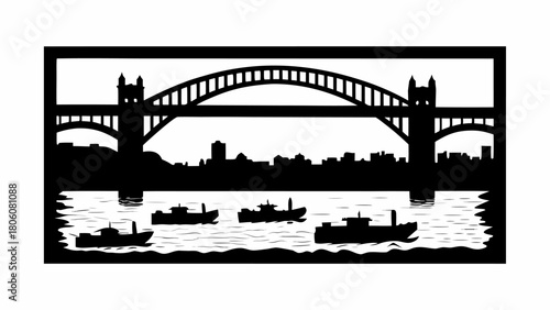 Stunning cityscape silhouette featuring bridge and boats on the water, a modern urban design element