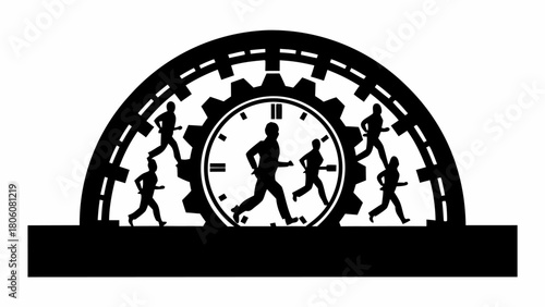 Urgent deadline concept with running silhouettes on clockwork mechanism, time management and productivity