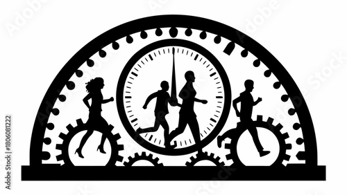 Time management graphic showing people running within clockwork gears, symbolizing business efficiency and deadlines