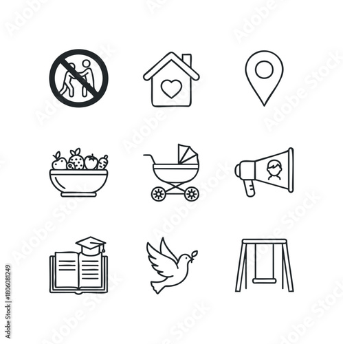 Collection of simple line icons representing home, baby, food, education, and public announcement symbols