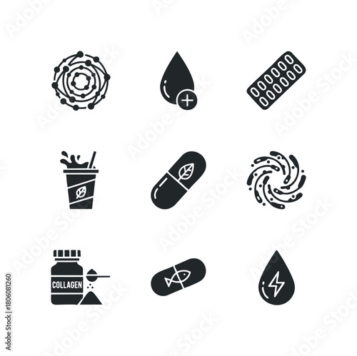 Collection of nine flat icons representing health and wellness concepts including medical capsules, drops, and molecular structures