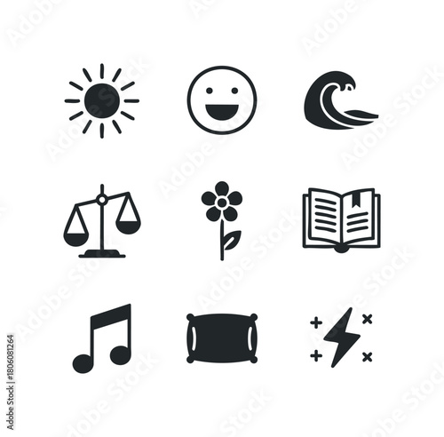 Collection of nine simple black icons including sun, smiling face, wave, scales, flower, open book, music note, pillow, and lightning bolt