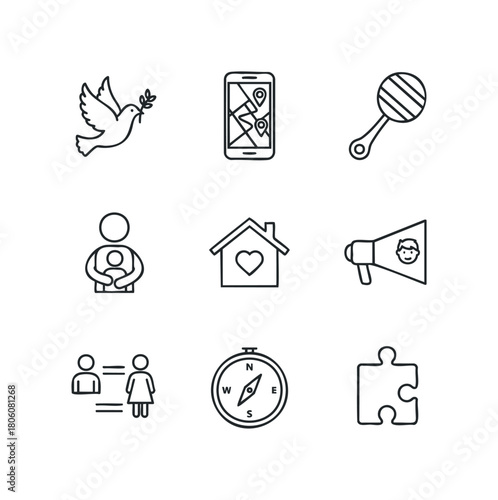 Collection of outline icons representing family, communication, navigation, and belonging