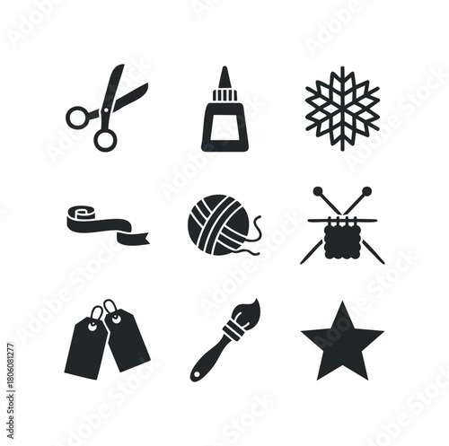 Collection of nine black solid icons representing crafting and hobby supplies like scissors, glue, yarn, and knitting needles.