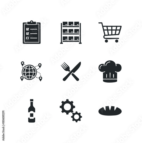 Collection of nine simplified black icons representing commerce, logistics, food, and industry services