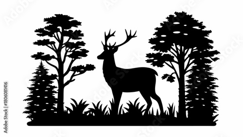 Majestic deer silhouette standing gracefully amongst trees, ideal for nature themed designs and outdoor concepts