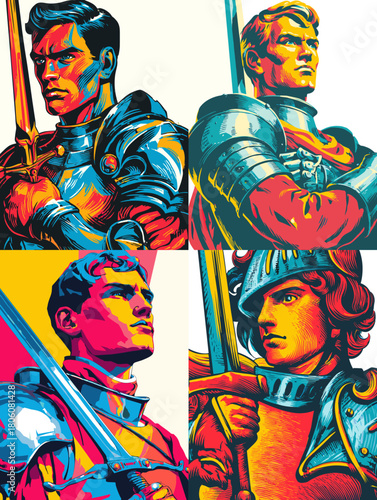 Bold pop style illustrations of heroic knights in shining armor holding swords. Vibrant colors and strong expressions create a powerful medieval fantasy character design.