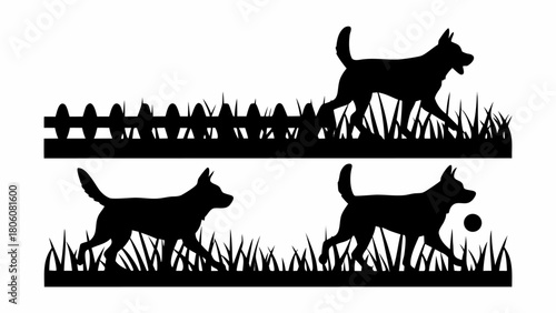 Playful dog silhouettes frolic in the grass, embodying joy and companionship in charming vector art
