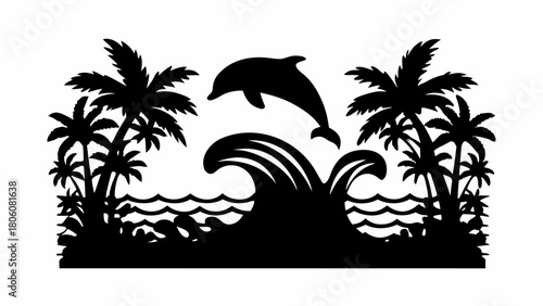 Tropical beach scene with jumping dolphin and palm trees, perfect for summer vacation designs and coastal themes